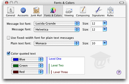 Apple Mail's Fonts & Colors Preferences tab