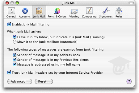 Apple Mail's Junk Mail tab in Preferences