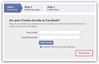 Add profile information to your new Facebook account or skip this step
