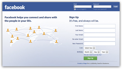 Facebook homepage and sign up form for new accounts