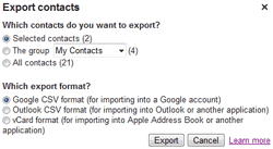 Contacts export options in Gmail
