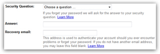 Enter password recovery information for your new Gmail account