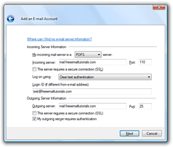 Email server settings in Windows Live Mail