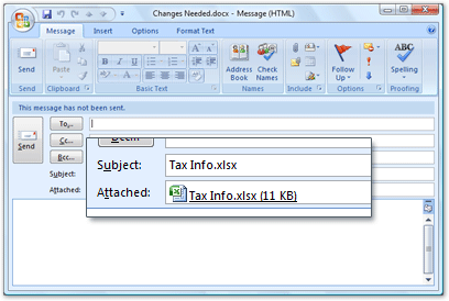 An attached Excel 2007 document about to be emailed by Outlook 2007