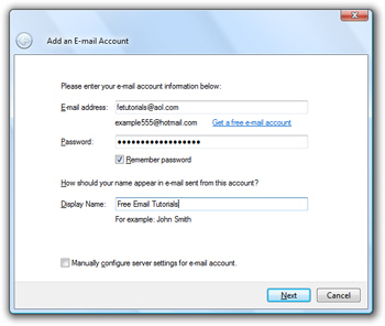 New AOL Mail account setup in Windows Live Mail
