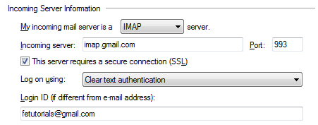 Incoming server settings for Gmail in Windows Live Mail