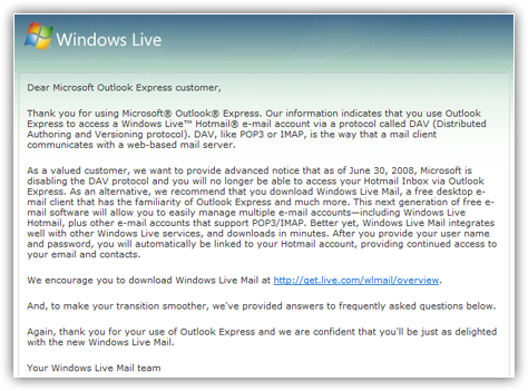 Hotmail no longer available in Outlook Express