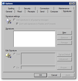 The email signature tab in Outlook Express options