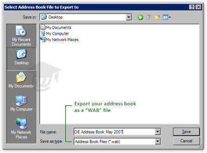 Export dialog: exporting your contacts as Outlook Express address books for backup purposes