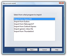 Opera's New account wizard, used here to import emails