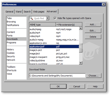 Changing PDF files handling options in Opera Mail