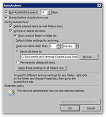 AutoArchive options settings dialog for Outlook 2003