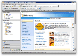 Outlook 2003's embedded browser (Internet Explorer), showing the Outlook homepage on Microsoft.com