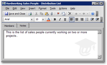 Notes for distribution lists in Outlook 2003