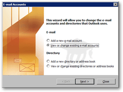 Email accounts welcome screen in Outlook 2003
