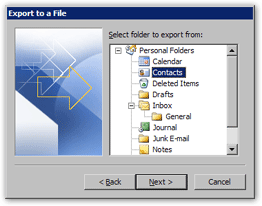 Selecting to export Outlook's Contacts folder