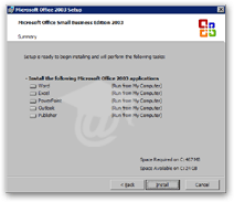 Application installation summary for Office 2003