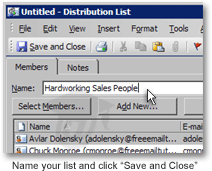 Naming and saving a distribution list in Outlook 2003