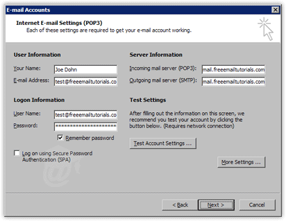 Email account information in Microsoft Outlook 2003