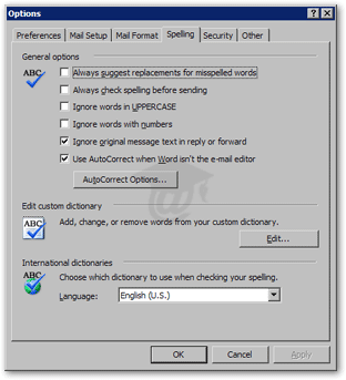 Spelling options dialog in Outlook 2003