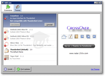 Add-ons Manager for themes and extensions in Thunderbird 2