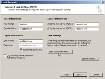 Mail server settings for AOL Mail in Outlook