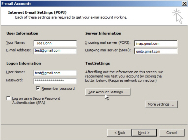 Gmail's mail server settings for Outlook