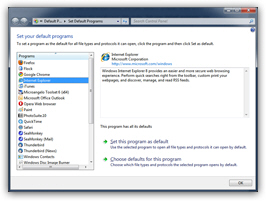 Default browser candidates in the Windows 7 Control Panel