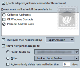 Junk mail options for email accounts in SeaMonkey Mail
