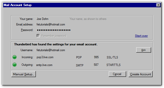 Hotmail account auto-configured by Thunderbird