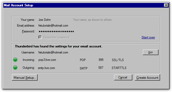 Hotmail-konto automatisk konfigurert Av Thunderbird
