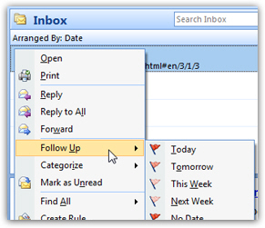Right-click on emails to set flags and reminders in Outlook 2007