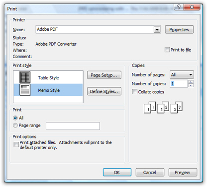 Print dialog in Outlook 2007