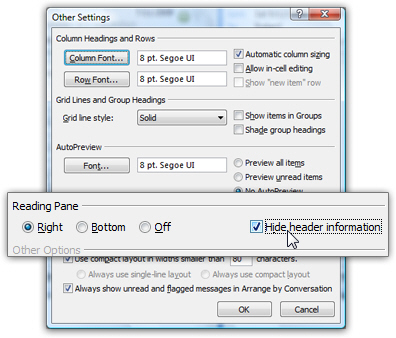 Customize message views and Reading Pane settings in Outlook 2007