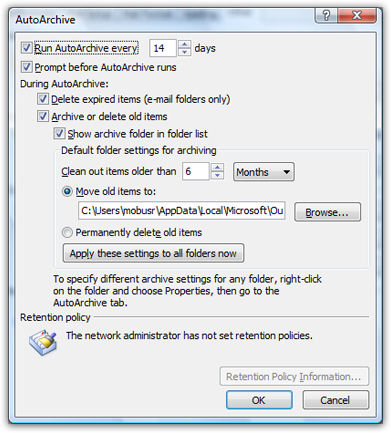 Default AutoArchive settings in Outlook 2007