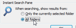 Enable instant search for all emails in Outlook 2007