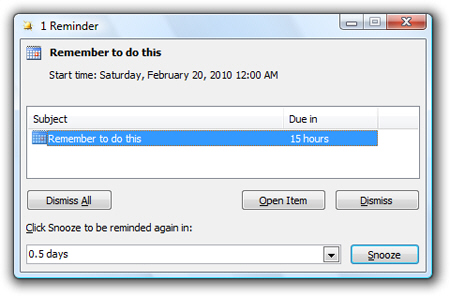 Reminder popup in Outlook 2007