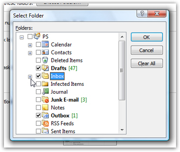 Choose email folders for Outlook Today