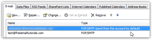 Email accounts listing in Outlook 2007, with default account highlighted
