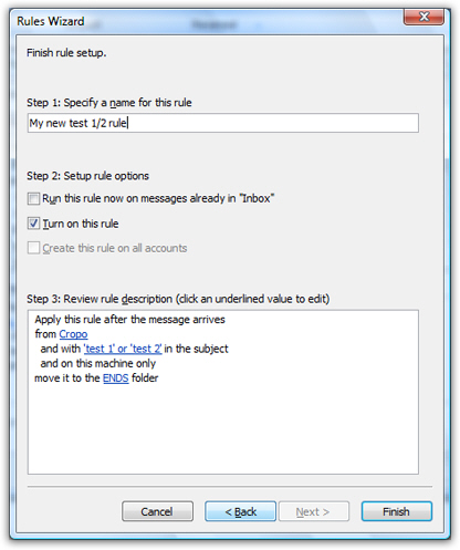 Final screen of the Outlook 2007 email rules wizard