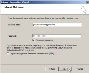 Enter your AOL Mail account credentials in Outlook Express