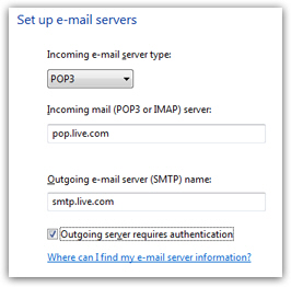 Enter Hotmail server information in Windows Mail
