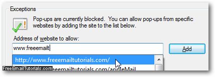 Add a website as popup exception in Internet Explorer 8
