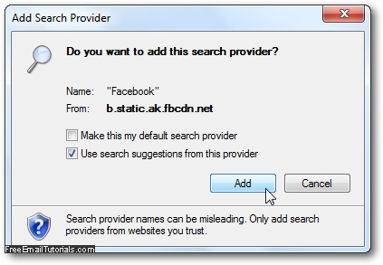 Confirmation to add Facebook search to Internet Explorer 8 or Internet Explorer 7