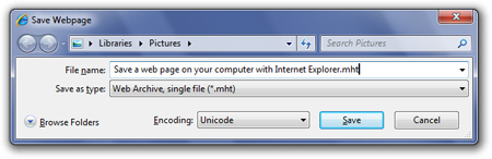 Save a web page as archive (single file) from Internet Explorer 8