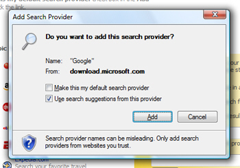 Adding a new search provider in Internet Explorer