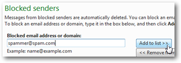 list hotmail blocked sender block email someone windows live shown button screenshot below