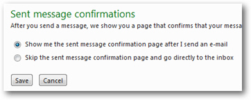 Default sent message confirmations screen in Hotmail