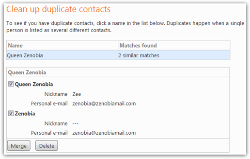 Hotmail duplicate contact summary