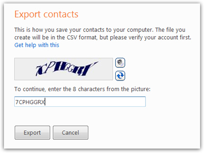 Hotmail Export-Contacts screen